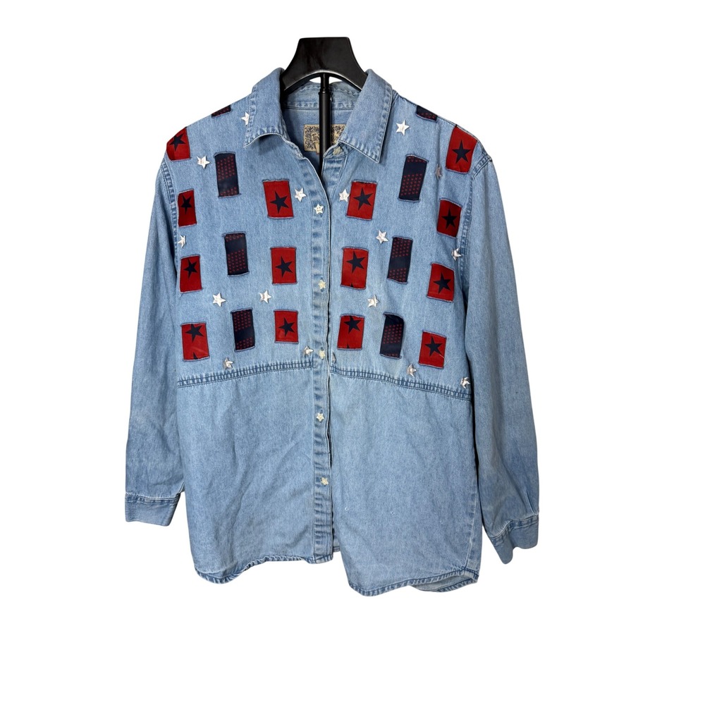 Tantrum Blues Vintage Denim Star Patchwork Button Down Shirt Womens Large Blue
